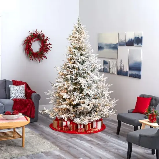 8ft. Pre-Lit Flocked Fraser Fir Artificial Christmas Tree with Warm White LED Lights {3}