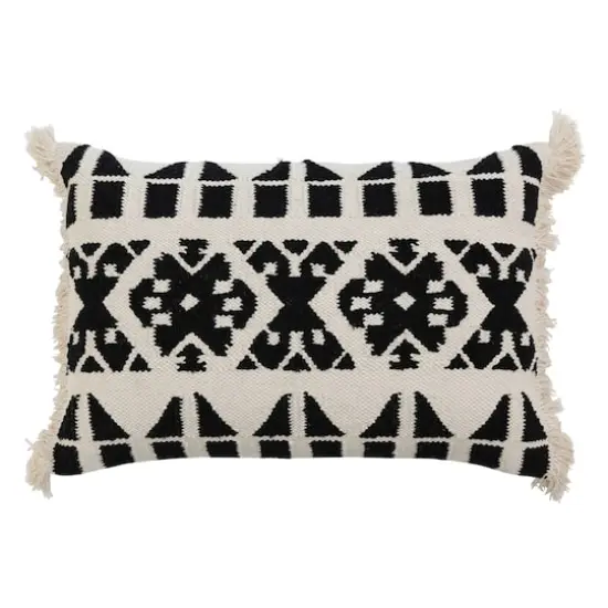 Hello Honey&reg; Black and White Handwoven Cotton Kilim Lumbar Pillow Cover with Pattern and Fringe {1}