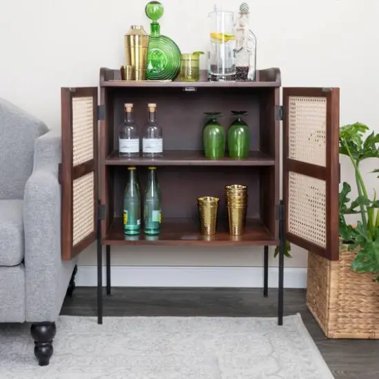 Hello Honey&reg; 36" Boho Solid Wood Bar Cabinet with Metal Legs and Woven Cane Doors Walnut {3}