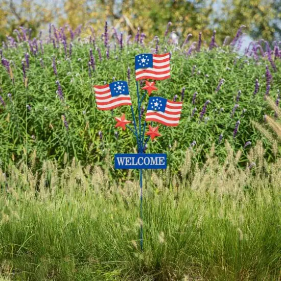 Glitzhome&reg; 42" Patriotic Welcome Metal Flags Yard Stake {4}