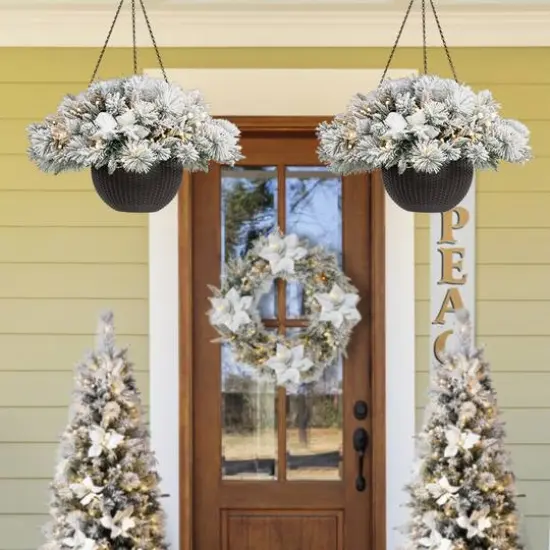 Glitzhome&reg; 24'' Pre-Lit Snow Flocked Christmas Artificial Pine Poinsettia Hanging Baskets, 2ct. {3}