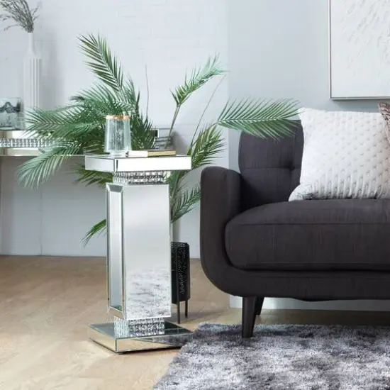 Silver MDF Wood Glam Pedestal Table, 12" x 12" x 28" {9}