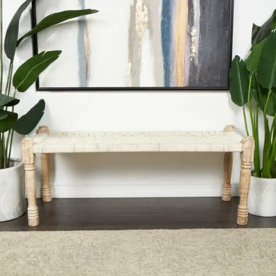 Beige Cotton Handmade Woven Chevron Bench with Mango Wood Legs {10}