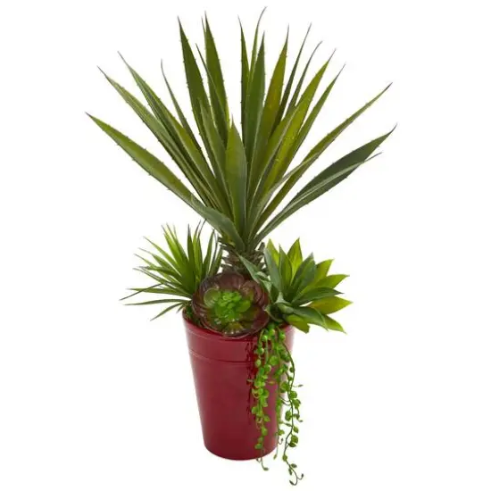 20'' Spiky Agave & Succulent Plant in Red Planter {1}