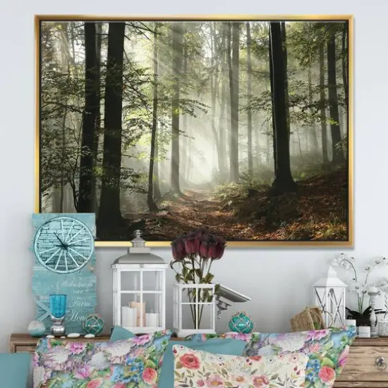 Designart - Light in Dense Fall Forest with Fog - Landscape Art Print Framed Canvas Gold {4}
