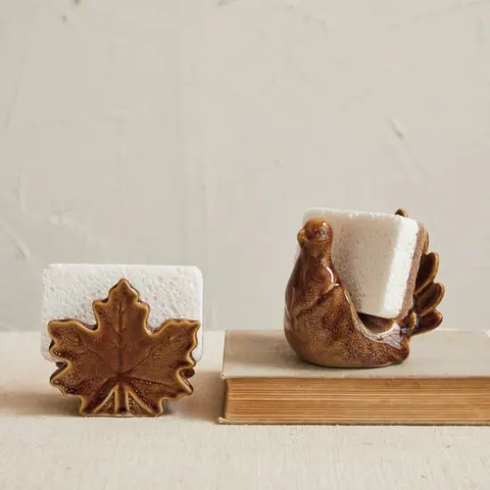 Hello Honey 4" Brown Reactive Glaze Stoneware Maple Leaf Shaped Sponge Holder, 2ct. {3}
