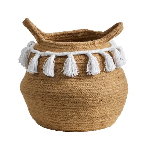 11" Boho Chic Handmade Natural Cotton Woven Basket Planter with Tassels {1}