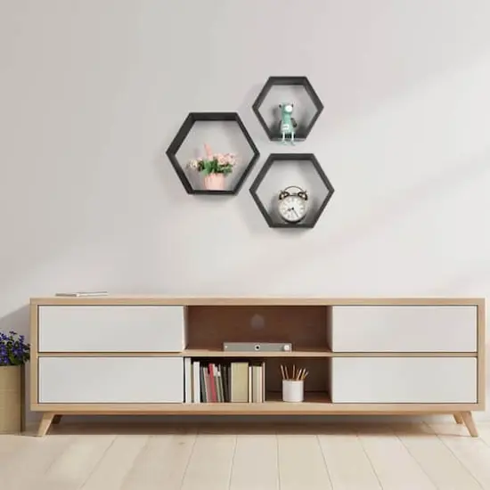NEX&trade; Black Wall-Mounted Hexagon Floating Shelves Set {7}