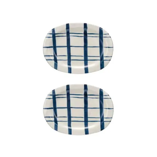 Hello Honey&reg; 14" Hand-Painted Wax Relief Blue Stripe Oval Stoneware Platters, 2ct. {1}