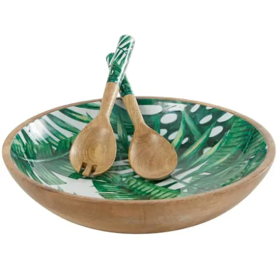 Mango Wood Decorative Bowl with Serving Utensils Set Green {1}