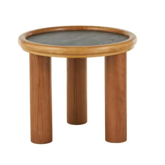 23.5" Brown Wood Handmade Round Living Room Coffee Table with Black Tabletop {7}