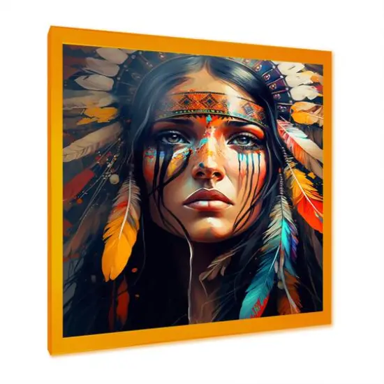 Designart 'Colorful Native American Woman VI' Contemporary Glam Framed Canvas Wall Art Thick Gold {3}