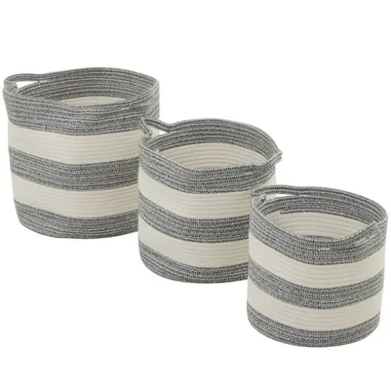 Gray Cotton Handmade Striped Storage Basket with Handles Set of 3 14", 12", 10" {3}