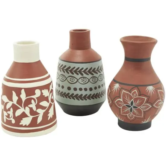 Orange Ceramic Floral Vase Set with 3 Different Patterns & Shapes {14}