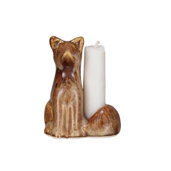 Hello Honey&reg; 3.5" Brown Stoneware Fox Taper Candleholder with Reactive Glaze {4}