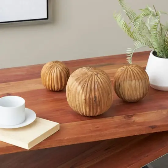 Brown Teak Wood Carved Textured Orbs Set {3}