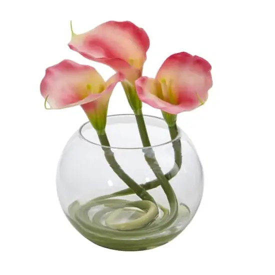 9" Calla Lily Artificial Arrangement in Rounded Clear Glass Vase Pink {1}