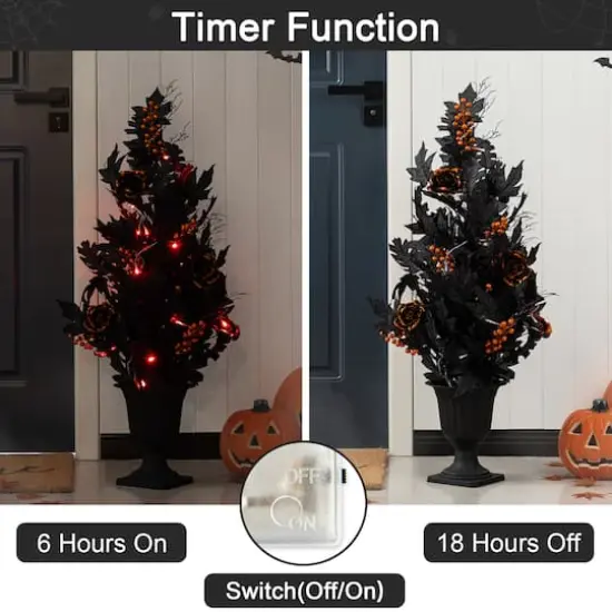 Glitzhome&reg; 36"H Halloween Lighted Black Rose with Orange Glitter Urn Porch Tree with Timer {6}