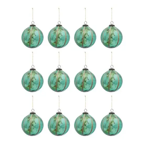 Hello Honey® 12 Pack 4" Turquoise Glass Ball Ornament with Eucalyptus Leaves {1}