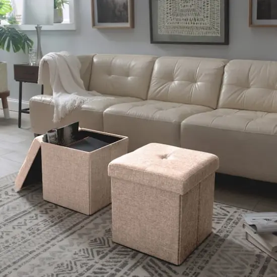 Simplify 15" Faux Linen Folding Storage Ottoman Cube Natural {6}
