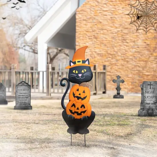 Glitzhome&reg; 36"H Halloween Metal Black Cat with Spring Head and Stacked Pumpkin Yard Stake {4}
