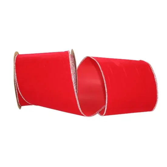 The Ribbon Roll 4" x 10yd. Velvet Wired Ribbon Red/Silver {1}