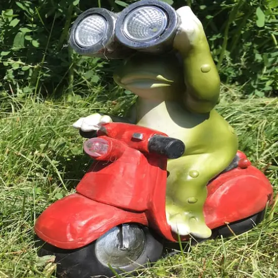 Santa's Workshop 9" Solar Scooter Frog Statue {3}