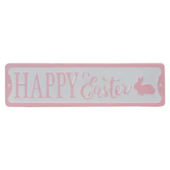 Pink & White Happy Easter Bunny Metal Wall Sign {1}