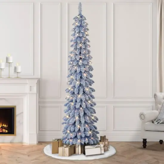7ft. Pre-Lit Flocked Blue Artificial Alpine Pencil Christmas Tree, Clear Lights {3}