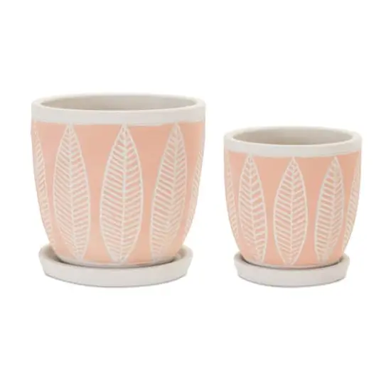 Pink Leaves Cement Planters with Plates Set {1}