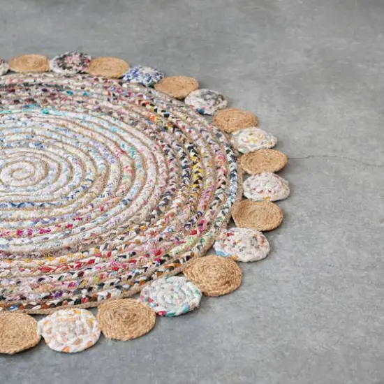 Hello Honey&reg; Multicolor Boho Round Woven Cotton Chindi and Jute Rug with Circle Trim, 4ft. x 4ft. {4}