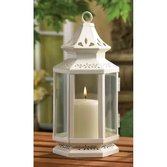10.5" White Metal Victorian Lantern with Floral Cutouts {3}