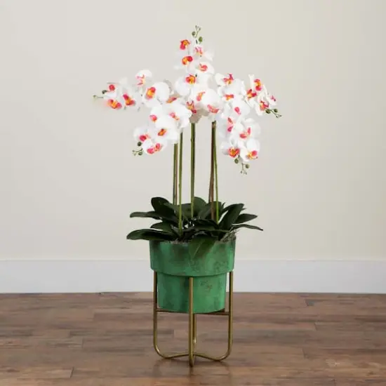 3.5ft. White Orchid Arrangement in Patina Metal Planter with Stand {4}