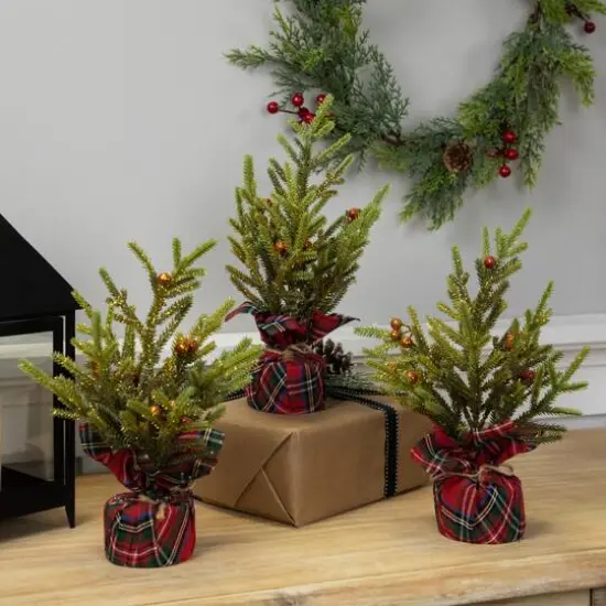 9" Unlit Glittered Pine with Berries Artificial Christmas Tree Set {3}
