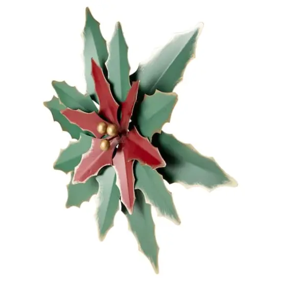 14" Small Green and Red Metal Poinsettia Christmas Wall Hanging {4}