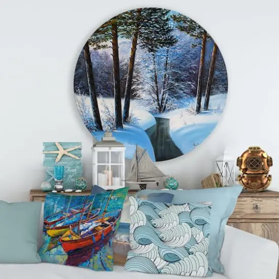 Designart - Christmas Forest With River and Trees III - Traditional Metal Circle Wall Art {4}