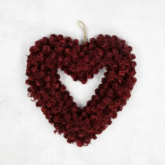 14" Red Valentine's Day Wooden Pinecone Rose Heart Wreath {4}