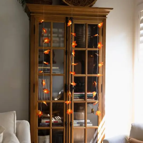 5ft. Pre-Lit Autumn Maple Leaf Artificial Fall Garland with 10 Warm White LED String Lights - Set of 3 {8}