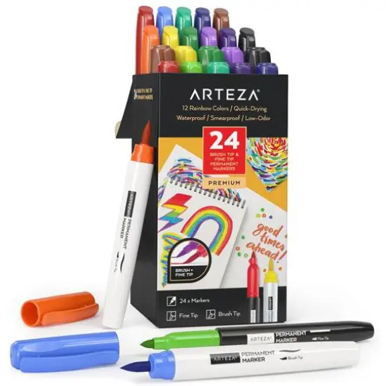 Arteza&reg; Rainbow Colors Permanent Fine & Brush Tip Marker Set  {1}