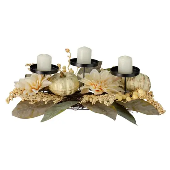 21" White Dahlia & Pumpkin Fall Triple Candle Holder {1}