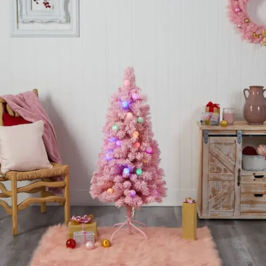 4ft. Pre-Lit Frosted Pink Cashmere Artificial Christmas Tree, Multicolor LED Lights {10}