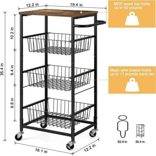 Black 4-Tier Metal Rolling Kitchen Cart {3}
