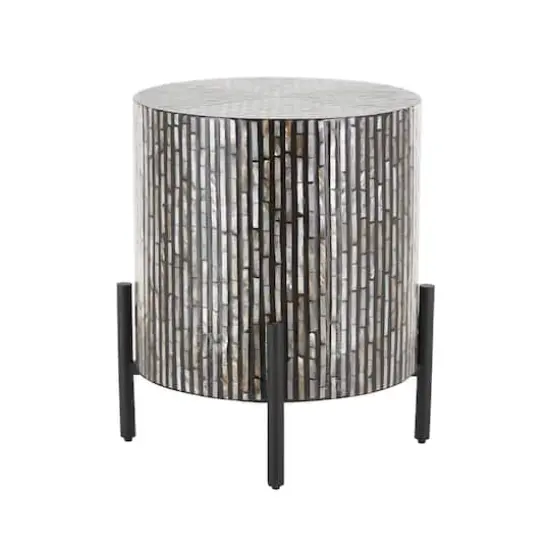 22.25" Multicolor Mother of Pearl Shell Geometric Handmade Inlay Accent Table with Black Legs {4}