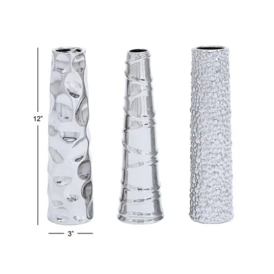 12" Silver Ceramic Abstract Glam Vase Set {7}