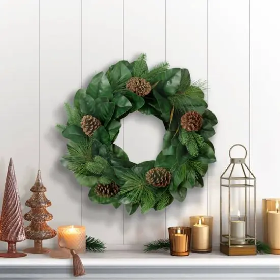 24" Magnolia Leaves & Pinecones Wreath {4}