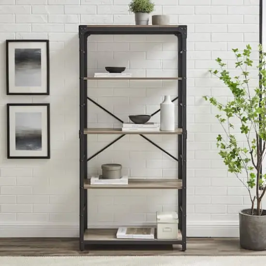 Walker Edison 64" Graywash Angle Iron Industrial Bookcase {3}