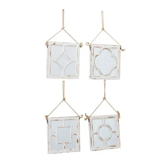 Set of 4 White Wood Vintage Decor Wall Mirror, 12" x 12" {3}