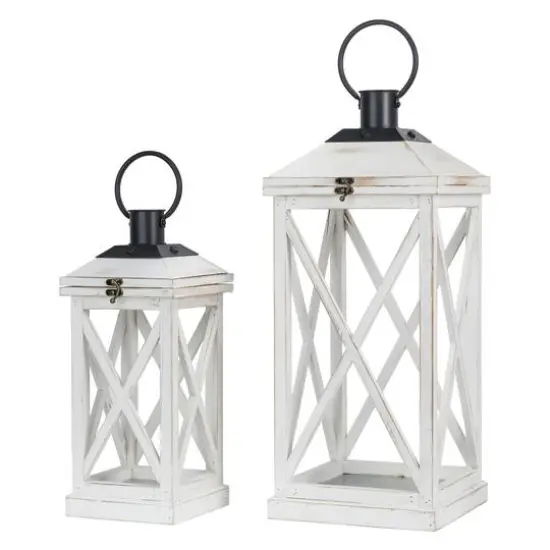 Modern Farmhouse White Wooden Lantern Set, 24" & 17" {1}