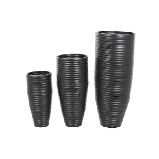 Black Ribbed Floor Metal Vase Set with Horizontal Grooves {1}