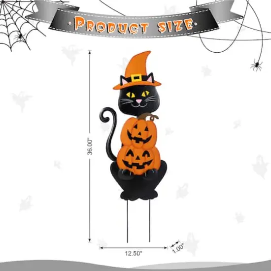 Glitzhome&reg; 36"H Halloween Metal Black Cat with Spring Head and Stacked Pumpkin Yard Stake {9}